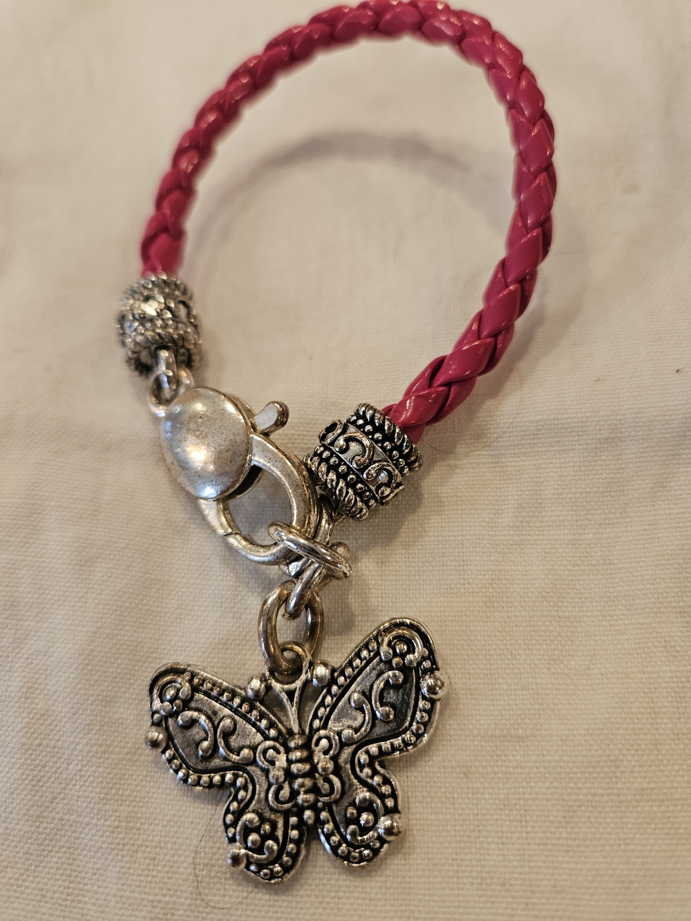 Pink Braided Leather Butterfly Charm Bracelet